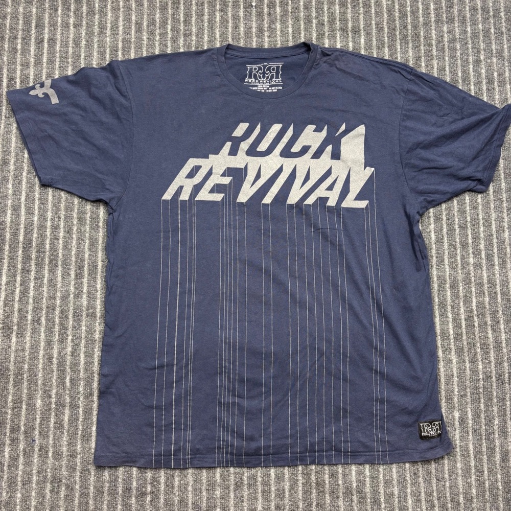 Rock Revival Mens Graphic T-Shirt XXL Navy Blue Pinstripe Logo Short Sleeve